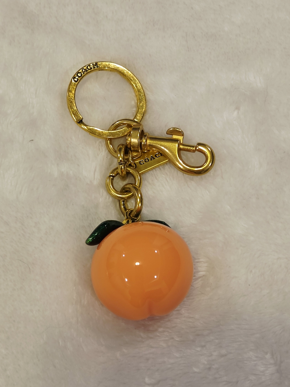 C Logo Orange Peach Keychain with Gold Hardware Fruit Bling Bag Charm